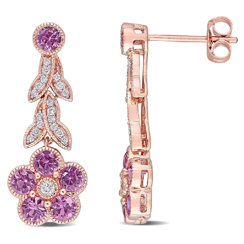 modern stacked kunzite earrings-Miadora 10k Rose Gold Pink Sapphire and 1/6ct TDW Diamond Flower Dangle Earrings