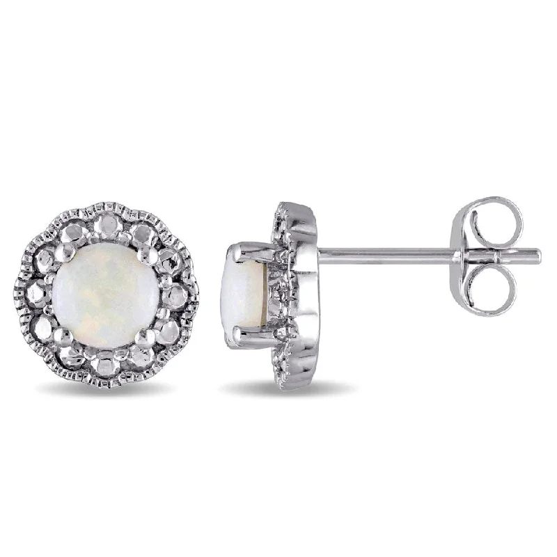 delicate filigree iolite earrings-Miadora 10k White Gold Opal Birthstone Halo Earrings