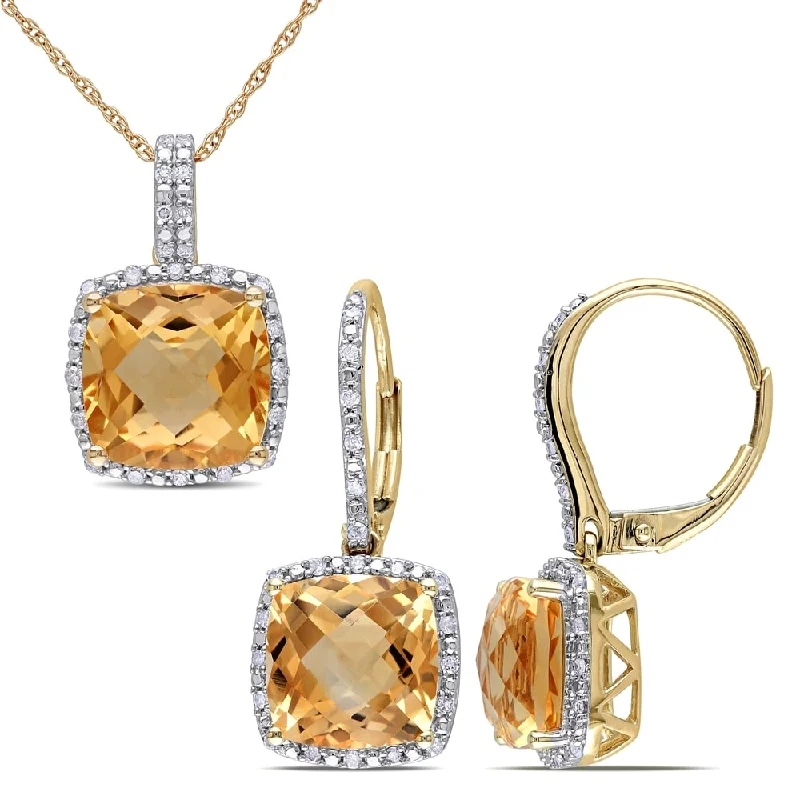 minimalist ridge earrings-Miadora 10k Yellow Gold Cushion-Cut Citrine and 1/3ct TDW Diamond Halo Jewelry Set