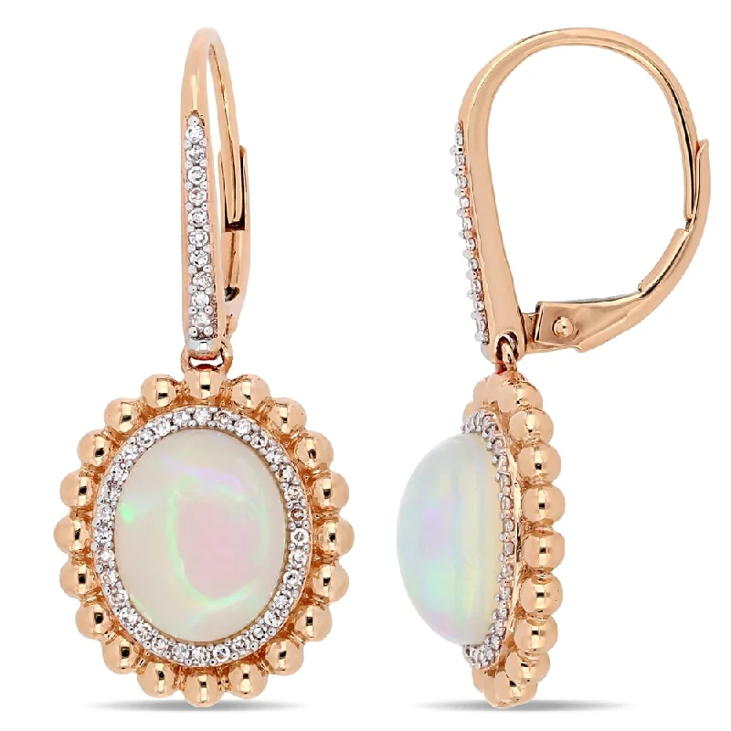 nature-themed peak earrings-Miadora 14k Rose Gold Blue-Hued Ethiopian Opal and 1/4ct TDW Diamond Beaded Halo Leverback Earrings