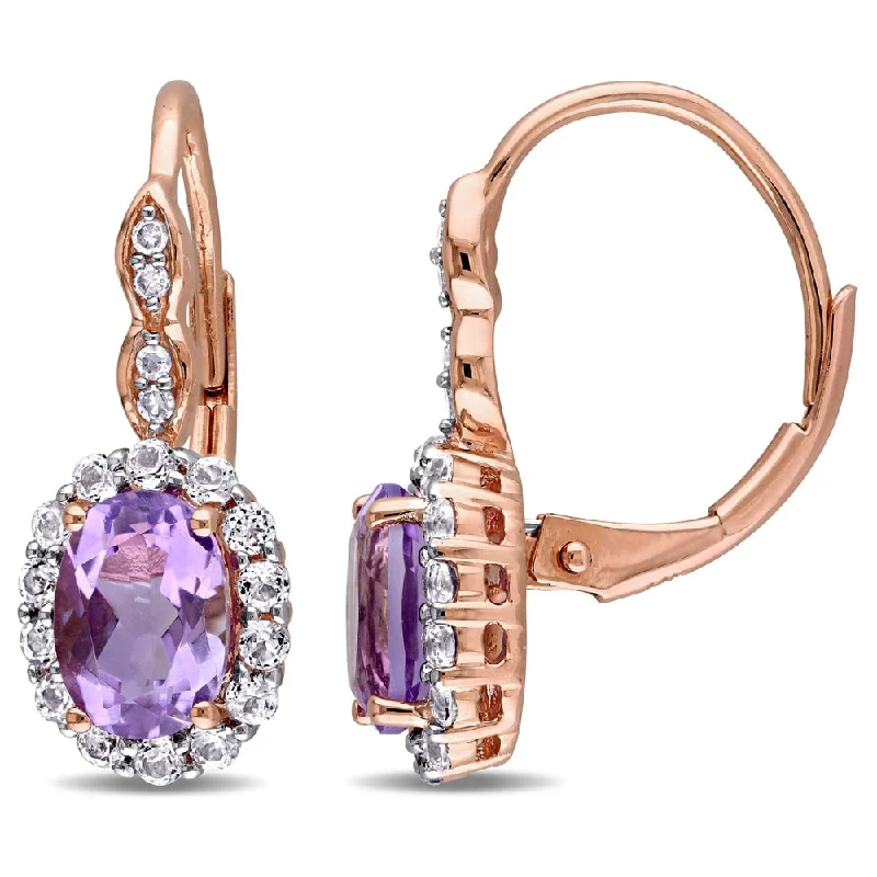 bohemian tribal earrings-Miadora 14k Rose Gold Oval-cut Amethyst White Topaz and Diamond Accent Halo Leverback Earrings - Purple