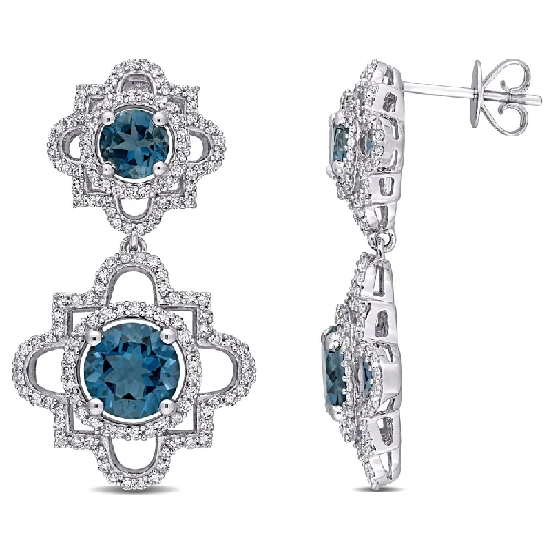 floral-inspired spinel earrings-Miadora 14k White Gold London-Blue Topaz & 1ct TDW Diamond Geometric Dangle Earrings