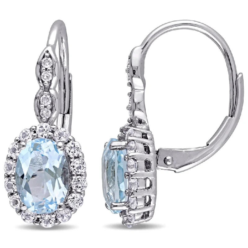 bold emerald ridge earrings-Miadora 14k White Gold Oval-cut Sky Blue Topaz White Topaz and Diamond Accent Halo Leverback Earrings