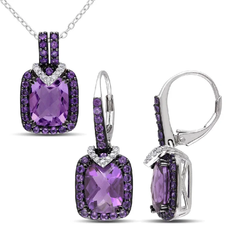 adjustable peak earrings-Miadora Cushion-Cut Amethyst-Africa and 1/8ct TDW Diamond Leverback Earrings and Necklace Set in Sterling Silver (G-H, I2-I3)