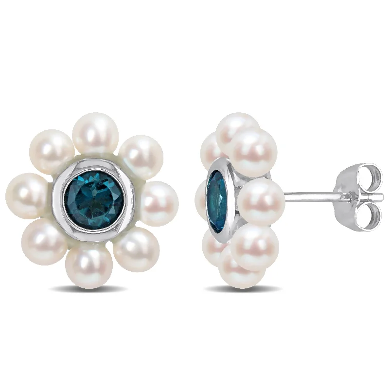 artisan-crafted rose earrings-Miadora Freshwater Cultured Pearl and Blue Topaz Floral Earrings in 10k White Gold (3.5-4mm)