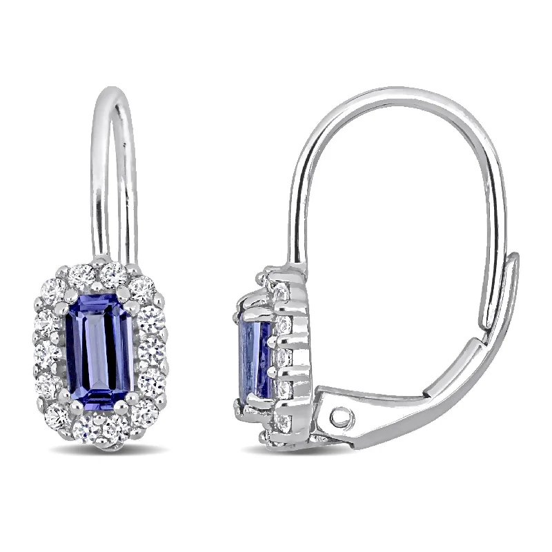 bold garnet channel earrings-Miadora Octagon-cut Tanzanite and White Sapphire Halo Leverback Drop Earrings in 10k White Gold