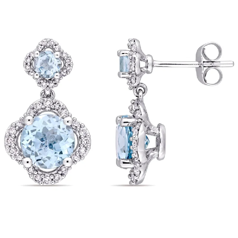 vintage-inspired agate earrings-Miadora Signature Collection 14k White Gold Sky-Blue Topaz 2/5ct TDW Diamond Quatrefoil Halo Dangle Earrings (G-H,I1-I2) - Blue