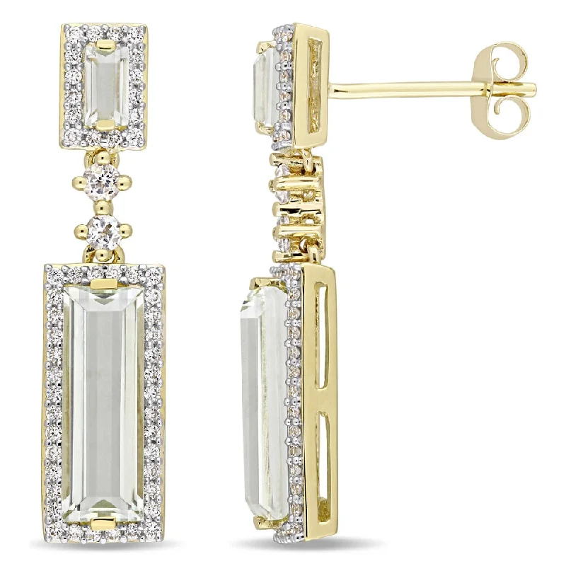 raw spinel cluster earrings-Miadora Signature Collection 14k Yellow Gold Baguette-Cut Green Amethyst and 1/3ct TDW Diamond Two-Tier Dangle Earrings