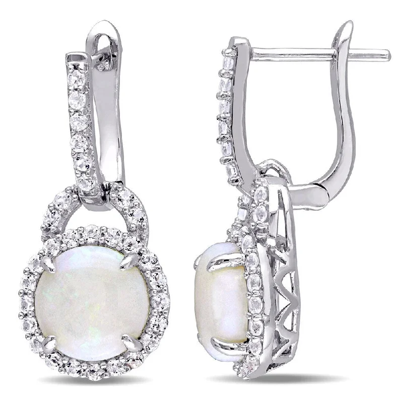 modern channel-set ruby earrings-Miadora Sterling Silver Opal and White Topaz Halo Dangle Earrings