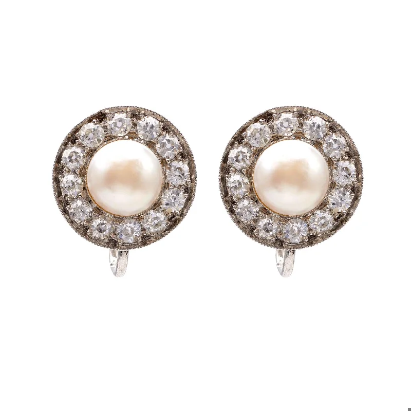 modern sleek ridge earrings-Pair of Art Deco GIA Pearl and Diamond Platinum Earrings