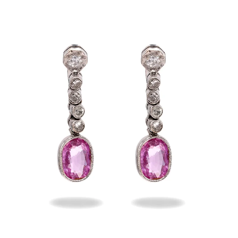 modern fused-stack earrings-Pink Sapphire and Diamond Drop Earrings