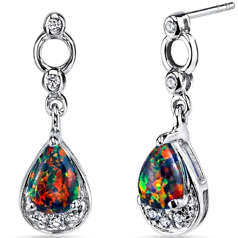 floral-inspired kunzite earrings-Sterling Silver 0.75ct Created Opal Pear Dangling Earrings