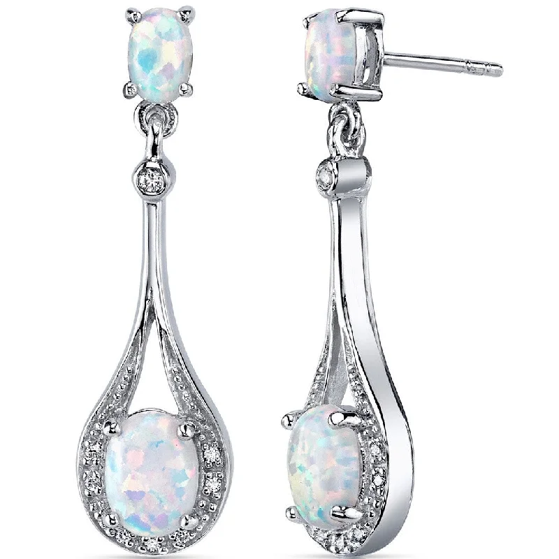 engraved legacy drop earrings-Sterling Silver 3.5ct Created Opal Oval Dangling Earrings