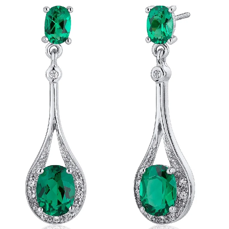 engraved loyalty drop earrings-Sterling Silver 3.5ct Simulated Emerald Oval Dangling Earrings