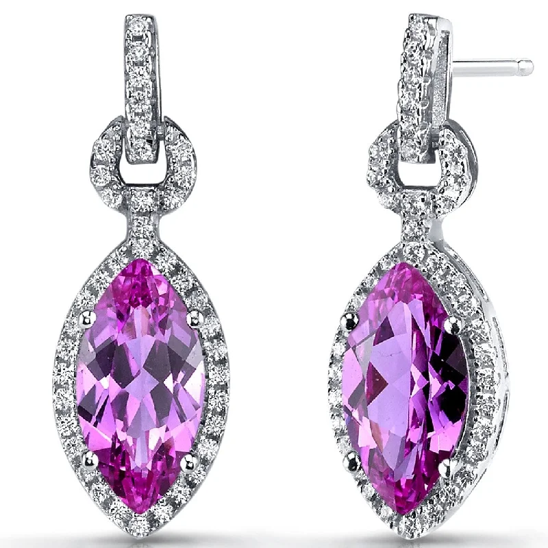 engraved vow stud earrings-Sterling Silver 4.5ct Created Pink Sapphire Dangling Earrings