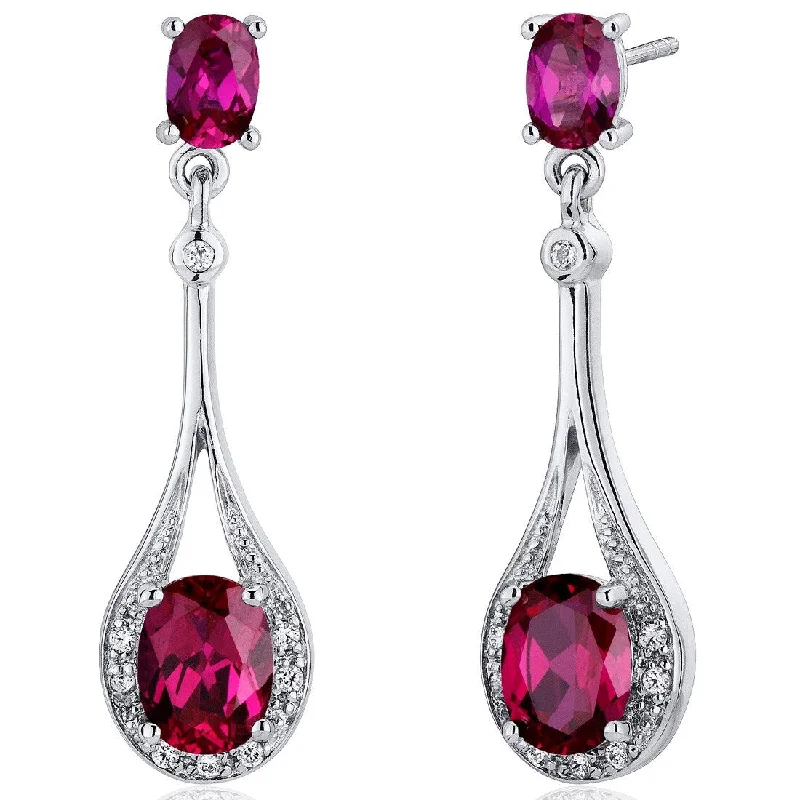 vintage-style kunzite earrings-Sterling Silver 4.5ct Created Ruby Oval Dangling Earrings