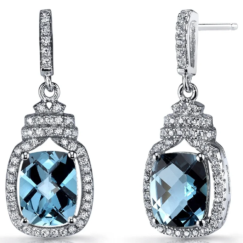 vintage-style emerald earrings-Sterling Silver 4.5ct London Blue Topaz Cushion Dangling Earrings