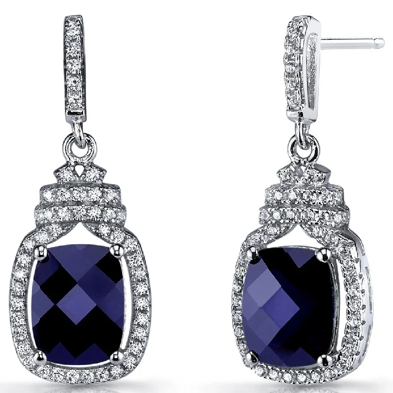 antiqued gold stack earrings-Sterling Silver 5.5ct Created Sapphire Cushion Dangling Earrings