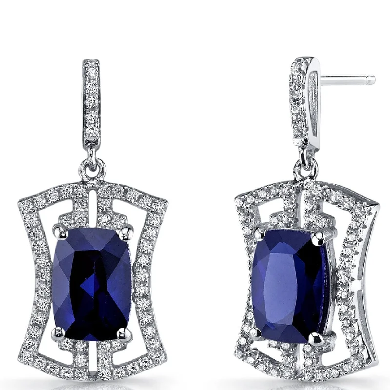 vintage-style emerald earrings-Sterling Silver 6.5ct Created Sapphire Cushion Dangling Earrings