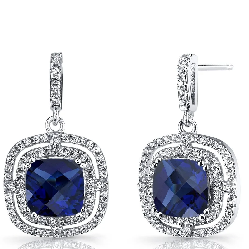 art deco spinel earrings-Sterling Silver 6ct Created Sapphire Cushion Dangling Earrings