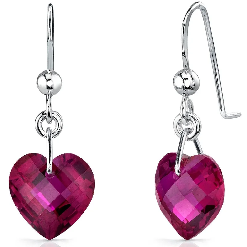 vintage-inspired spinel earrings-Sterling Silver 9.5ct Created Ruby Heart Dangling Earrings