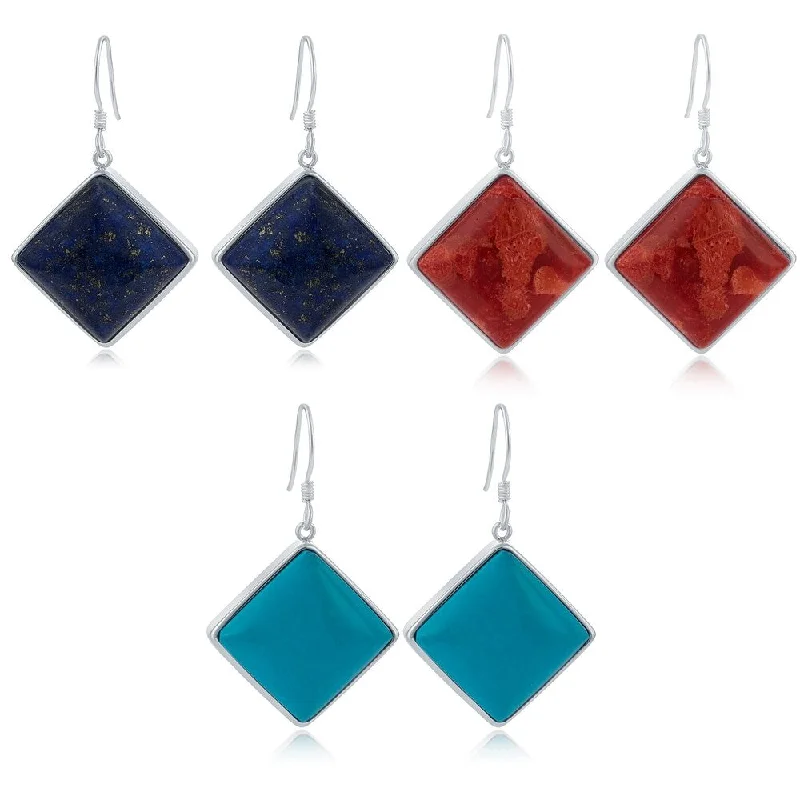 nature-themed crest earrings-Sterling Silver Square Choice of Gemstone Dangling Earrings