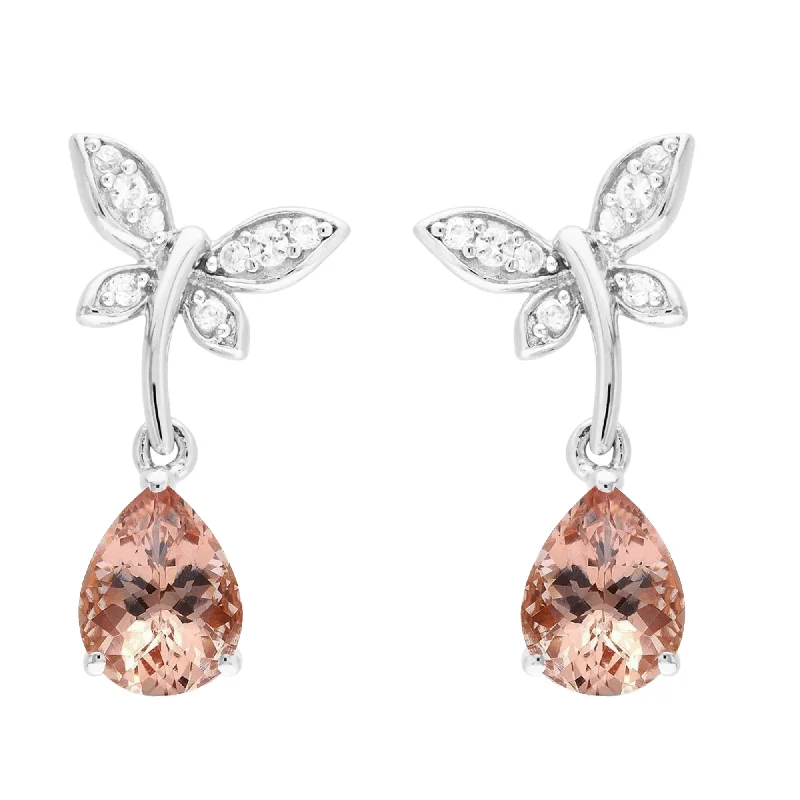 gothic-inspired phoenix earrings-Sterling Silver with Morganite and White Topaz Drop Earring