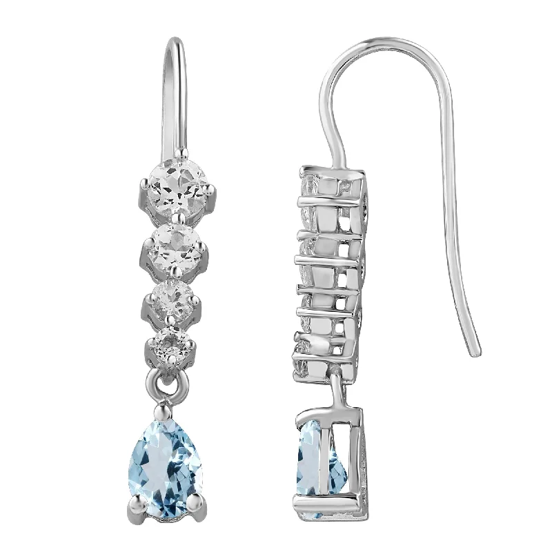 floral channel diamond earrings-Sterling Silver with Natural Aquamarine and White Topaz Dangle Earring