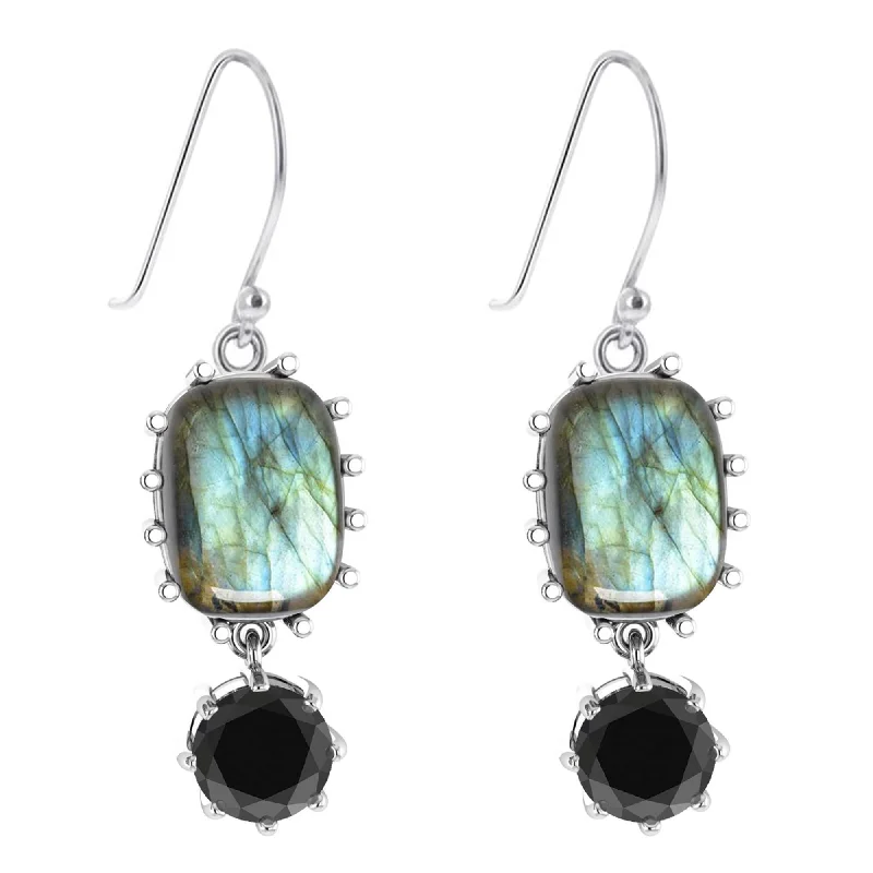 minimalist peak earrings-Sterling Silver with Natural Labradorite and Black Spinel Drop Earring