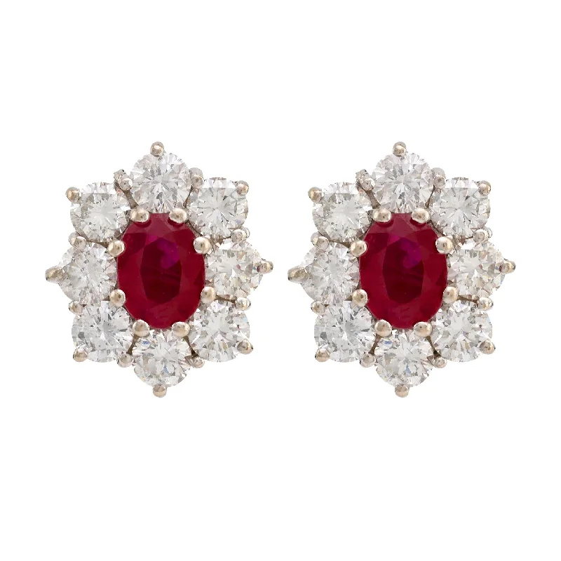 nature-themed ridge earrings-Vintage GIA Burma Ruby Diamond 18K White and Yellow Gold Cluster Earrings