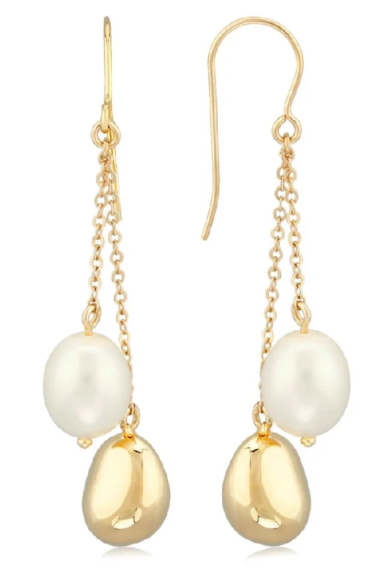 vintage-style peridot earrings-Yellow Gold and Oval Freshwater Pearl Earrings